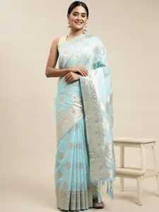 Saree Swarg Blue & Golden Ethnic Design Linen Blend Banarasi Sarees