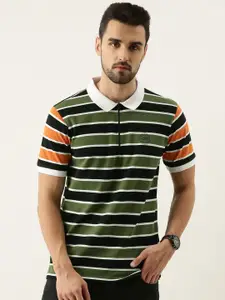 Peter England Men Olive Green & Black Striped Polo Collar T-shirt