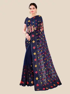 Sangria Navy Blue & Yellow Floral Beads and Stones Net Heavy Work Saree