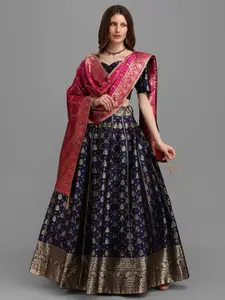 PURVAJA Navy Blue & Pink Semi-Stitched Lehenga & Unstitched Blouse With Dupatta