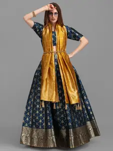 PURVAJA Teal Blue & Gold Woven Design Semi-Stitched Lehenga & Unstitched Choli Dupatta