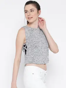 Miss Chase Women Grey Melange Self-Design A-Line Crop Pure Cotton Top