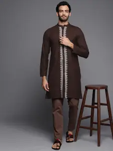 Indo Era Men Brown Thread Work Cotton Kurta