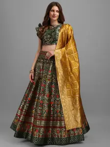PURVAJA Green & Mustard Semi-Stitched Lehenga & Unstitched Blouse With Dupatta