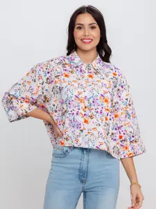 Zink London Women White Boxy Floral Printed Casual Shirt