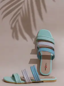 Shezone Women Sea Green Colourblocked Open Toe Flats with Buckles
