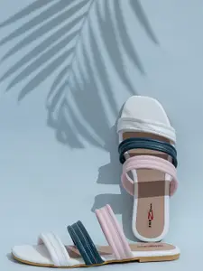 Shezone Women White Colourblocked Open Toe Flats with Buckles