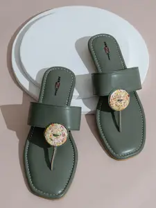 Shezone Women Green Embellished Open Toe Flats