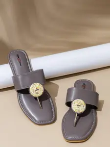 Shezone Women Grey Embellished Open Toe Flats