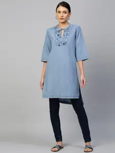 Modern Indian by CHEMISTRY Women Blue Neck Design Kurta with Embroidery detail