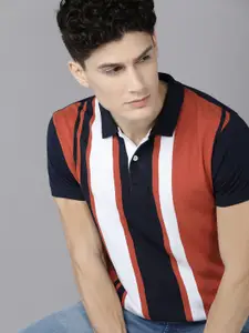 BEAT LONDON by PEPE JEANS Men Navy Blue & Red Striped Polo Collar Pure Cotton T-shirt