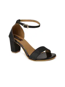 VALIOSAA Black Textured Party Block Sandals with Buckles