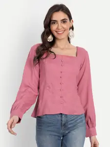 Fab Star Women Pink Solid Square Neck Regular Top