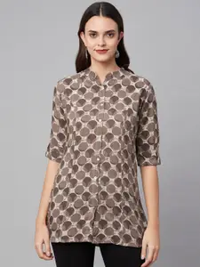 Divena Brown & Beige Geometric Print Mandarin Collar Roll-Up Sleeves Shirt Style Top