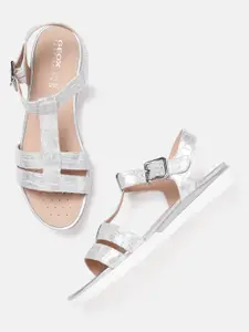 Geox Silver-Toned Leather Flatform Heels with Buckles