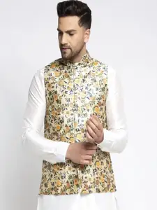 Kaifoo Men Multi-Coloured Printed Satin Silk Nehru Jackets