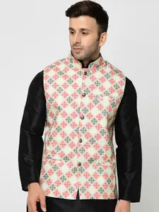Kaifoo Men Pink & Green Printed Woven Nehru Jackets