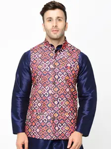 Kaifoo Men Red & Blue Printed Woven Nehru Jackets