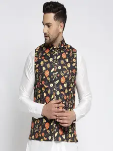 Kaifoo Men Multi-Coloured Printed Satin Silk Nehru Jackets