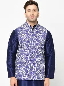 Kaifoo Men White & Blue Printed Satin Silk Nehru Jackets