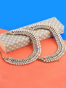 Silver Shine Set Of 2 Gold-Plated White Kundan-Studded & Pearl Beaded Anklets