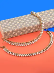 Silver Shine Set Of 2 Gold-Plated Kundan-Studded & Beaded Anklets