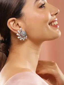 Rubans Silver-Plated Pearls & Cubic Zirconia Studded Oversized Premium Floral Stud Earring