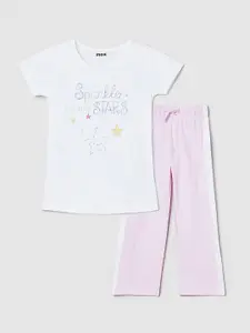 max Girls White & Pink Printed Night suit
