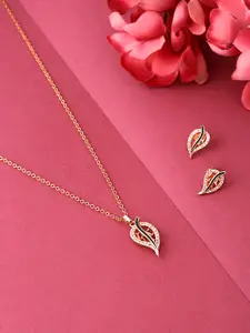Yellow Chimes Rose Gold-Plated Leaf Designed Crystal Pendant with Earrings