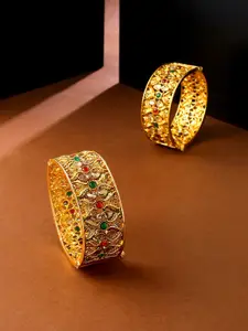 Yellow Chimes Set of 2 Gold-Plated Red & Green Kundan and Pearl Studded Bangles