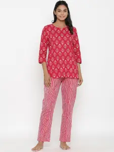 Do Dhaage Women Red & White Printed Night suit 100% cotton