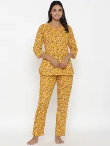 Do Dhaage Women Mustard Yellow Floral Printed Cotton Night suit
