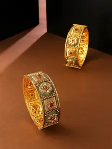 Yellow Chimes Set Of 2 Gold-Plated Red & Green Quartz Stone Studded Bangle