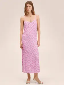 MANGO Women Pink & White Geometric Print Shoulder Straps Side Slits A-Line Midi Dress