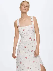MANGO White & Red Floral Print A-Line Midi Dress with Smocked Back