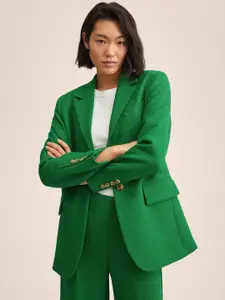 MANGO Women Green Self-Design Tweed Single-Breasted Blazer