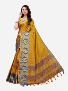 Satrani Mustard & Navy Blue Woven Design Zari Saree