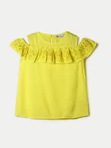 Fame Forever by Lifestyle Girls Yellow Self Design Cold Shoulder Top