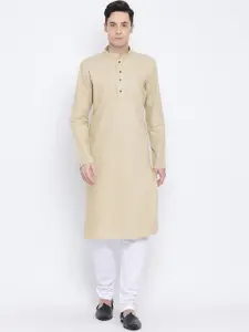 NAMASKAR Men Brown Cotton Solid Thread Work Kurta