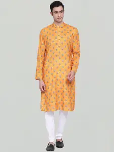 NAMASKAR Men Yellow Cotton Printed Kurta