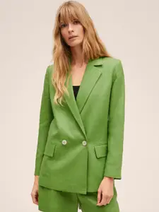 MANGO Women Green Solid Double-Breasted Blazer