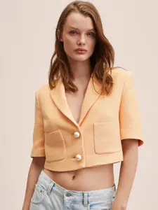 MANGO Women Peach-Coloured Regular Fit Cropped Smart Casual Blazer