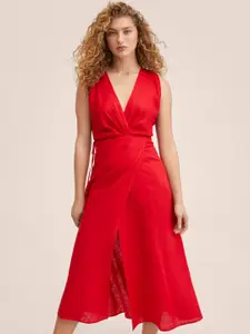 MANGO Red Pure Linen Wrap Midi Dress