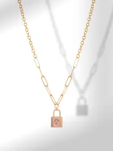 MINUTIAE Rose Gold-Plated Pink Crystals Brass Heart Lock Pendant Necklace