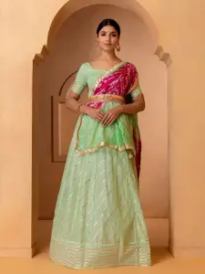 Geroo Jaipur Green & Fuchsia Embellished Ready to Wear Lehenga & Unstitched Blouse With Dupatta