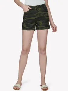VASTRADO Women Green Camouflage Printed Denim Shorts
