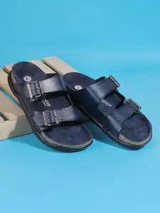 Mochi Men Blue Solid Leather Comfort Sandals