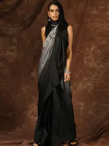Swtantra Black & Grey Colourblocked Zari Satin Saree