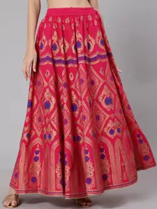 Jaipur Kurti  Women Pink Gold-Coloured Printed Maxi-Length Flared Skirt