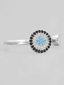 Rubans Voguish Silver-Plated Black & Blue Stones-Studded & Beaded Adjustable Finger Ring